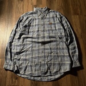 Carhartt Mens L Tall Blue Plaid Long Sleeve Button Up Work‎ Shirt 100% Cotton